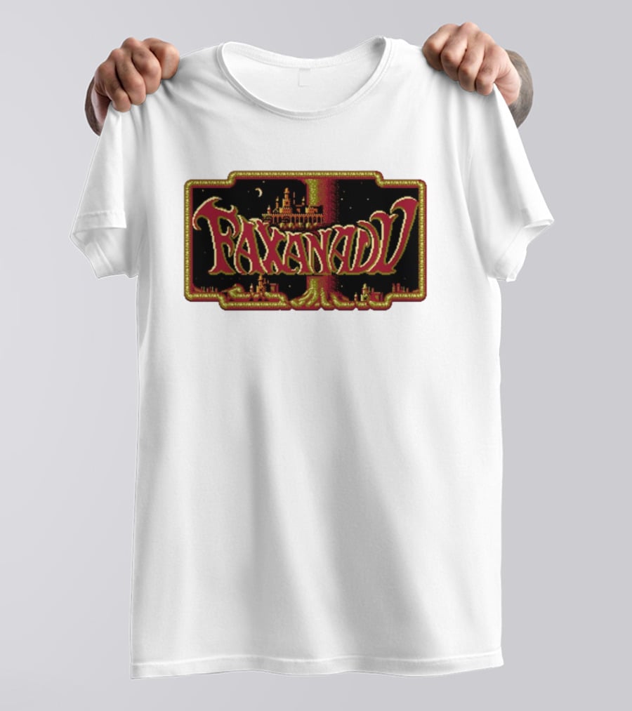Faxanadu Retro NES Game Pixel Art Castle Moon Night Scene T-Shirt