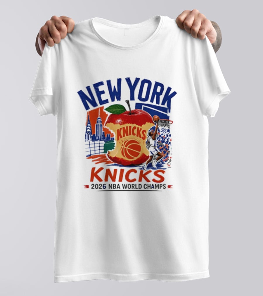 New York Knicks 2026 NBA World Champs Skyline Apple Basketball T-Shirt
