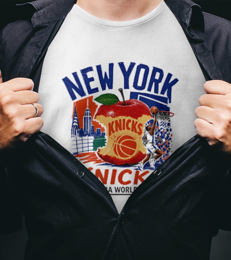 New York Knicks 2026 NBA World Champs Skyline Apple Basketball T-Shirt
