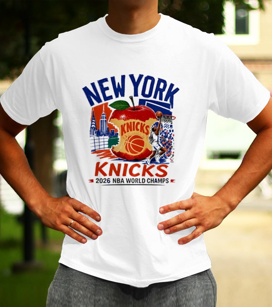 New York Knicks 2026 NBA World Champs Skyline Apple Basketball T-Shirt