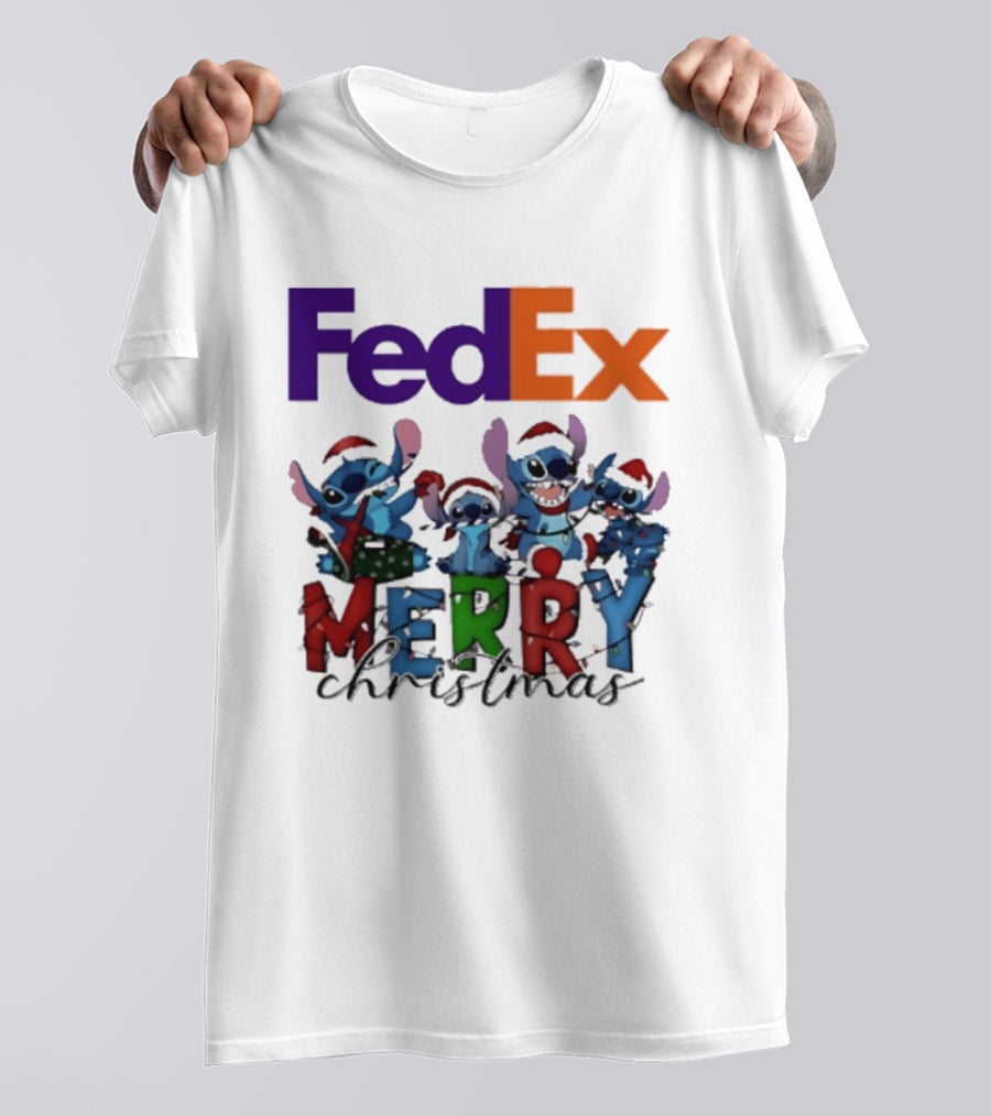 FedEx Stitch Merry Christmas 2025 Characters In Santa Hats T-Shirt
