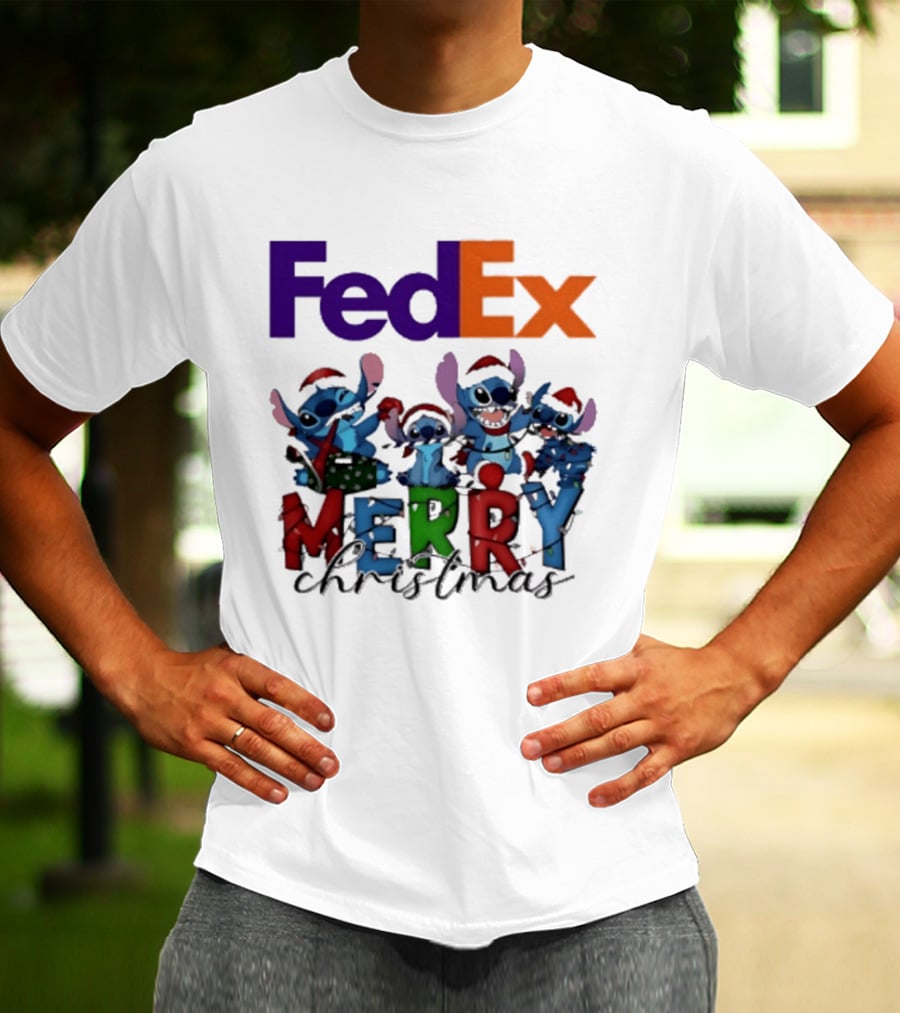 FedEx Stitch Merry Christmas 2025 Characters In Santa Hats T-Shirt