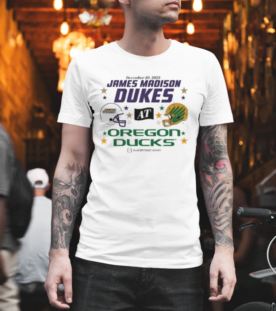 James Madison Dukes Vs Oregon Ducks December 20 2025 CFP Playoff First Round T-Shirt