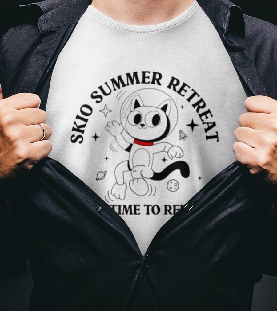 Skio Summer Retreat It's Time To Relax Cat Astronaut Adventure T-Shirt