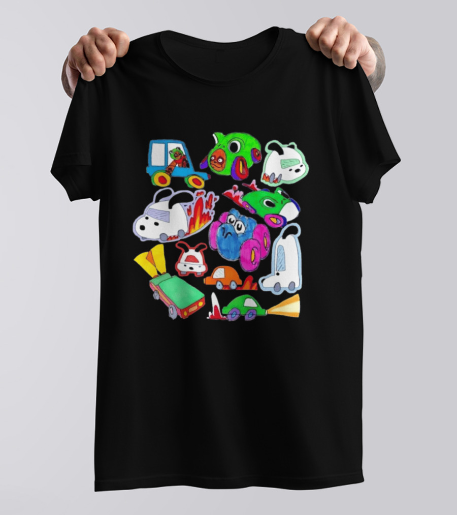 Colorful Cartoon Animal Toy Cars With Rocket Exhaust And Flames Racing Sketch T-Shirt