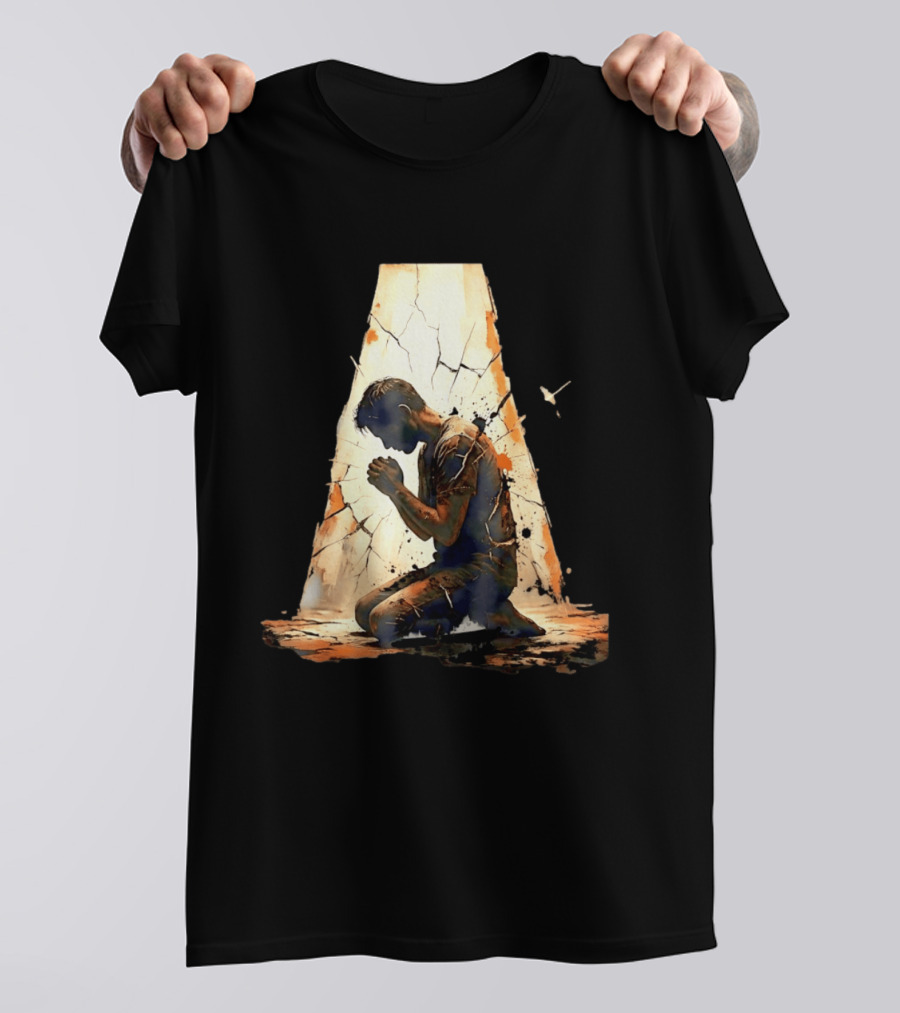Man Kneeling In Prayer Spiritual Faith Devotion Cracked Wall And Light T-Shirt