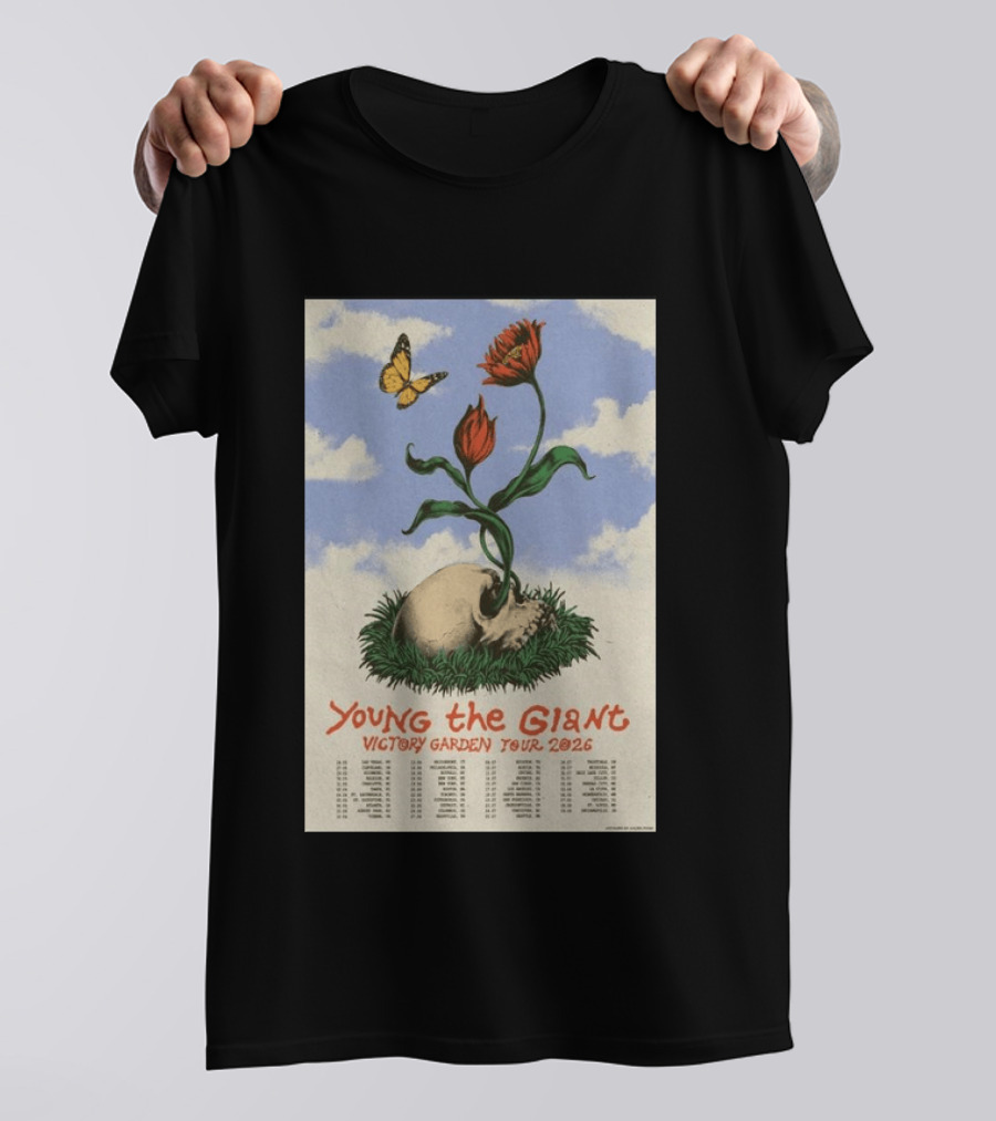 Young The Giant Victory Garden Tour 2026 Skull Flower Butterfly Google Ads Poland Ireland Dates T-Shirt