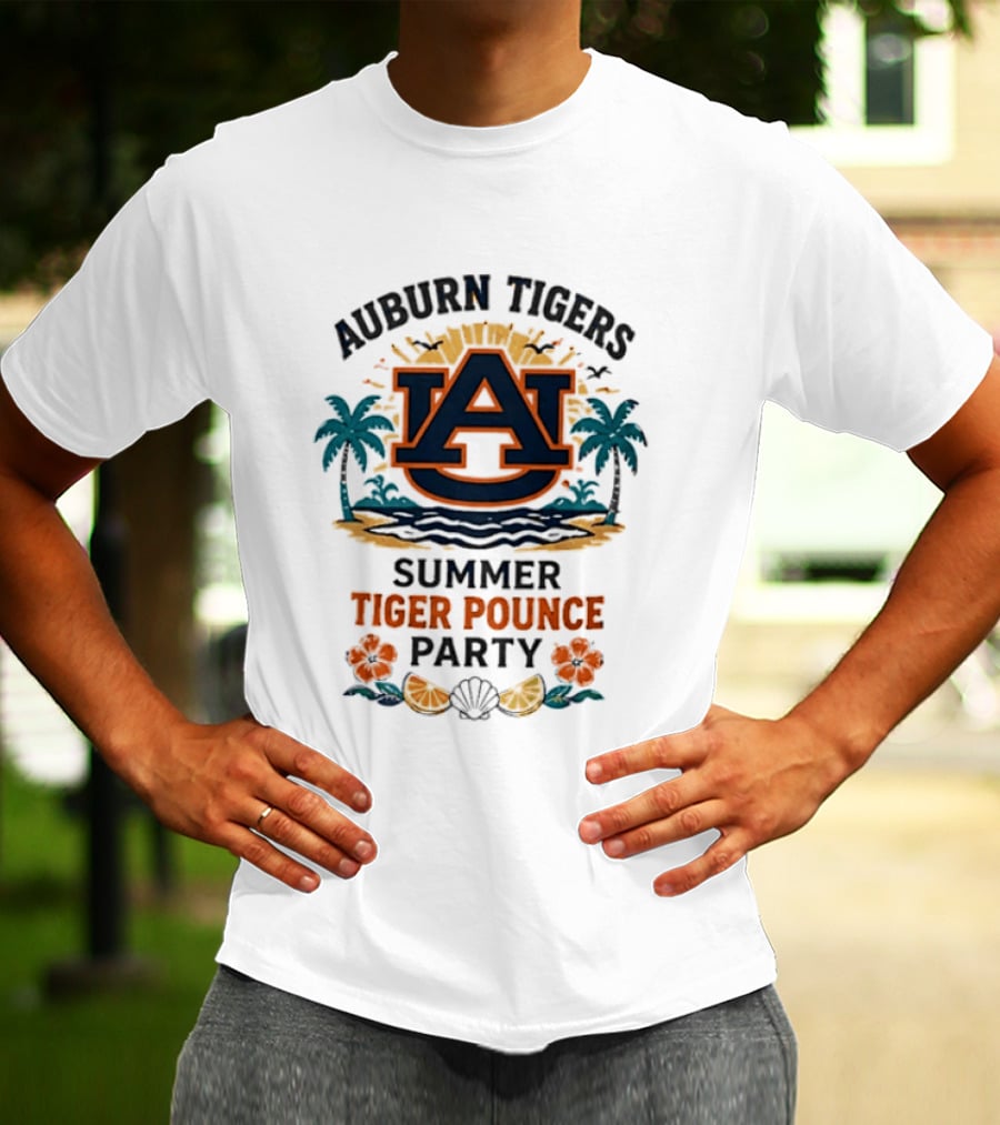 Auburn Tigers Summer Tiger Pounce Party Tropical Beach Scene T-Shirt