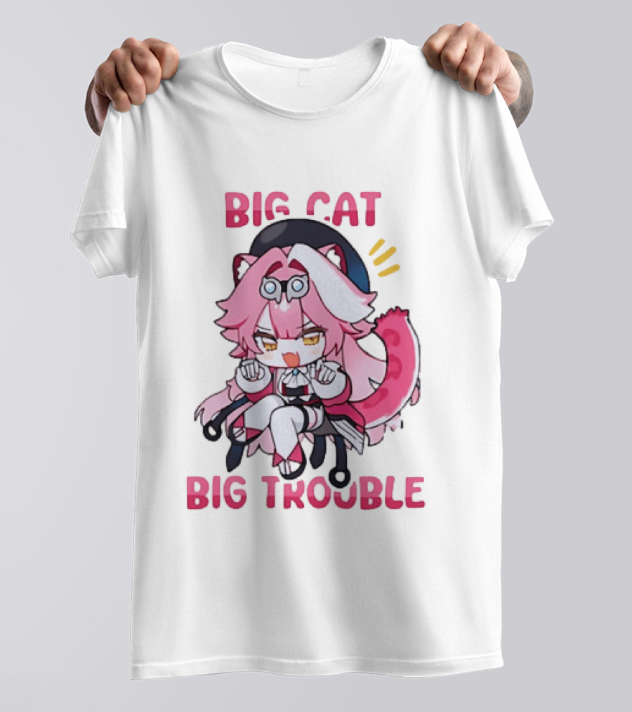 Big Cat Big Trouble Chibi Character With Pink Hair And Tail T-Shirt