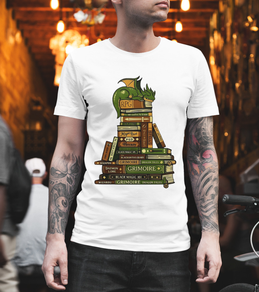 Dragon Resting On RPG Fantasy Grimoire Magic Books Stack T-Shirt