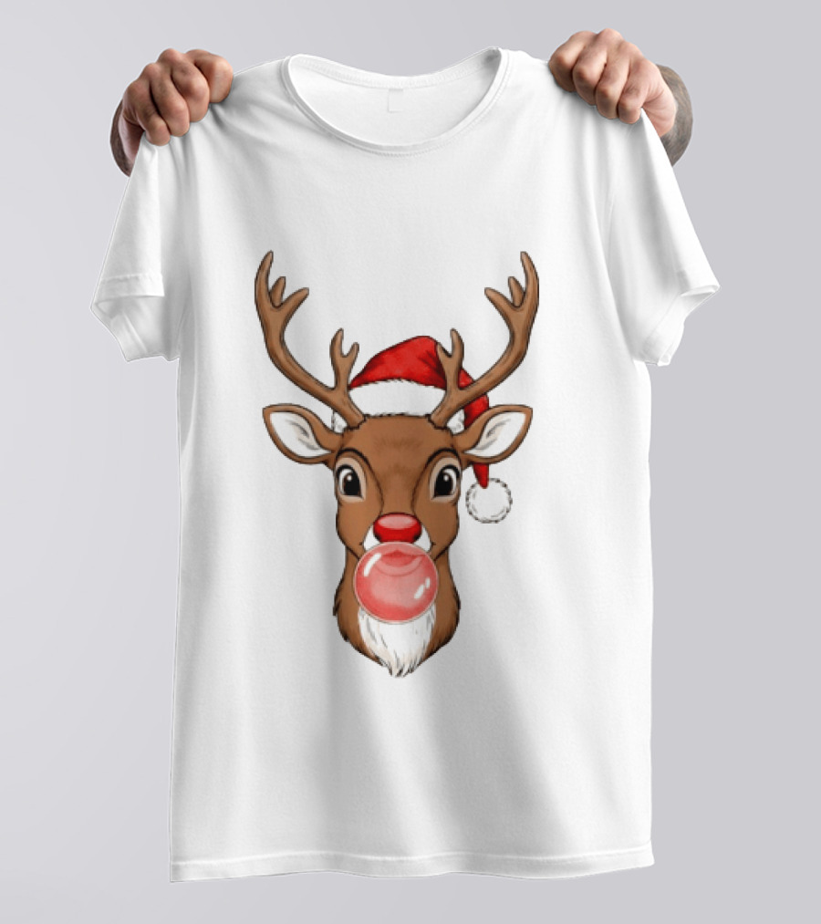 Merry Christmas Reindeer Santa Hat Bubble Gum Red Nose T-Shirt