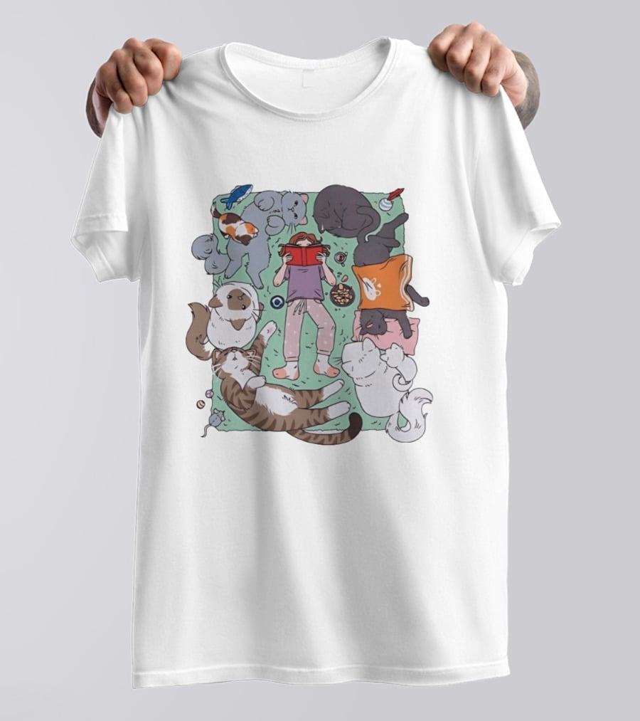 Girl Reading A Book With Cats Around Her Cat Lover T-Shirt