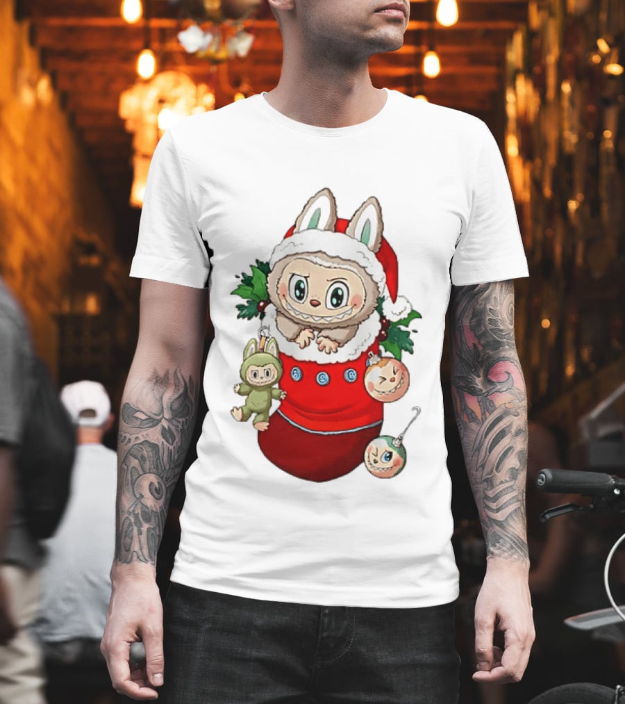 Stocking Stuffer Labubu Christmas Santa Hat Holly Ornaments T-Shirt