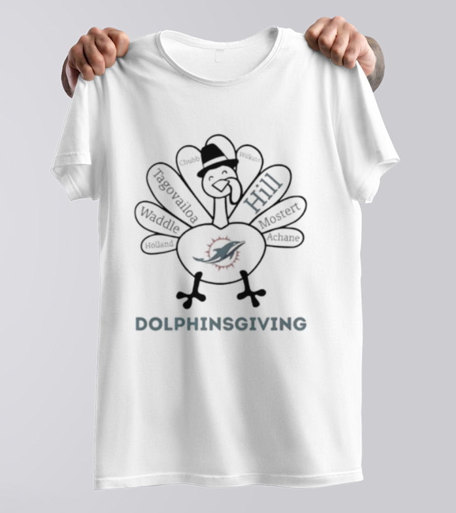 Dolphinsgiving Thanksgiving Miami Dolphins Hill Waddle Tagovailoa Mostert Turkey T-Shirt