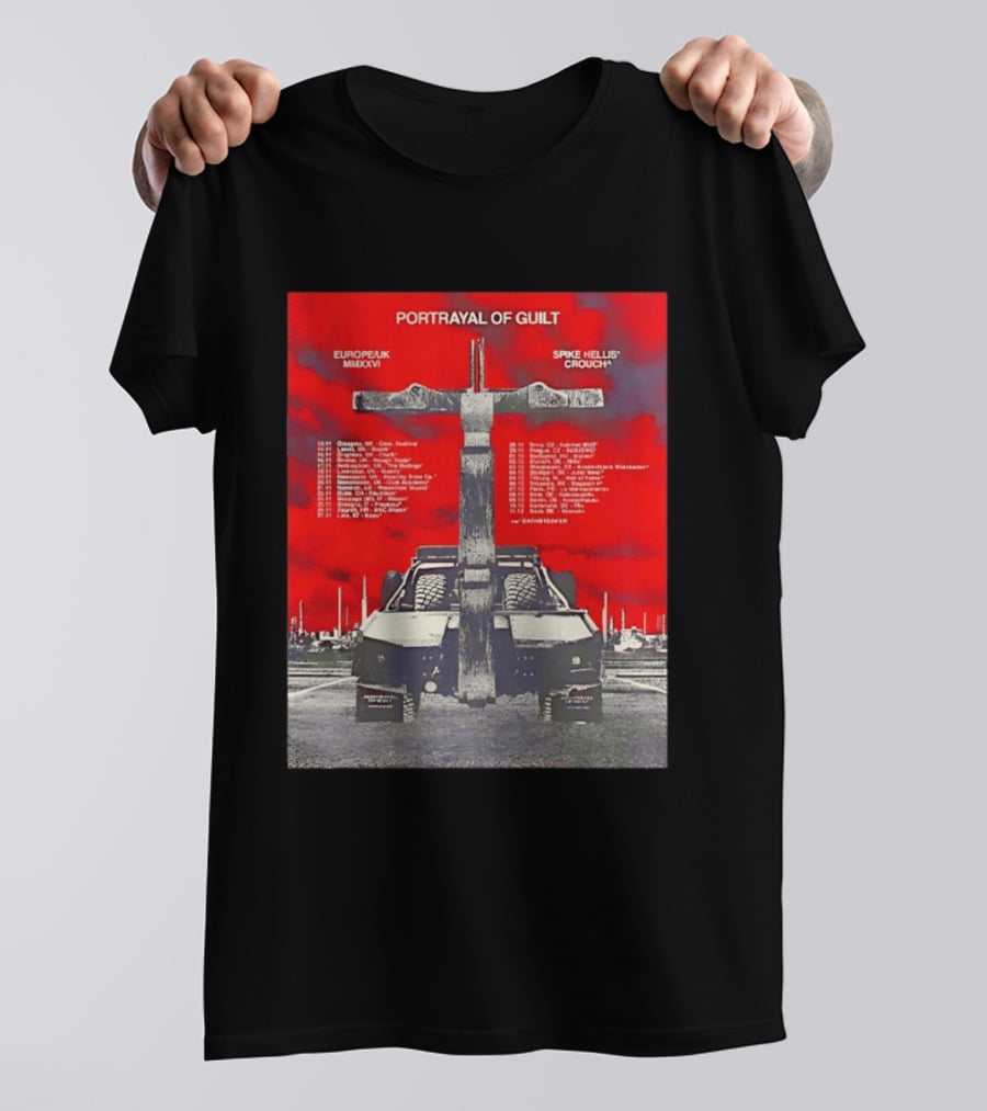 Portrayal Of Guilt Europe UK MMXXVI Spike Hellis Crouch Oathbreaker Tour Dates Tire Tracks Industrial Red T-Shirt