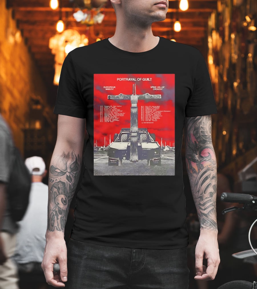 Portrayal Of Guilt Europe UK MMXXVI Spike Hellis Crouch Oathbreaker Tour Dates Tire Tracks Industrial Red T-Shirt
