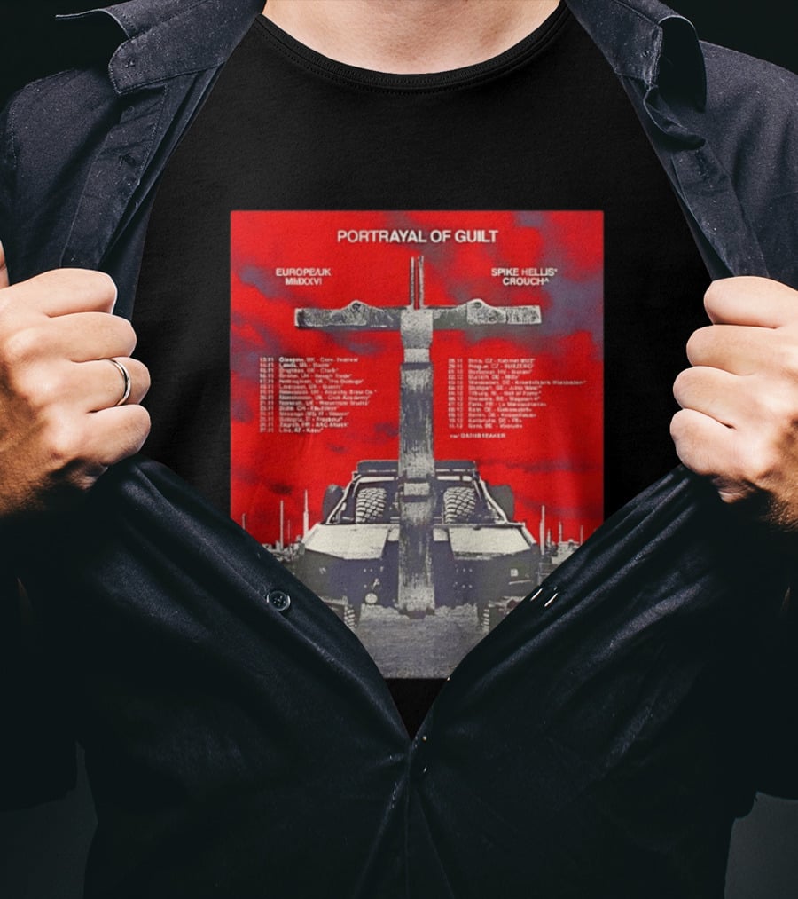 Portrayal Of Guilt Europe UK MMXXVI Spike Hellis Crouch Oathbreaker Tour Dates Tire Tracks Industrial Red T-Shirt