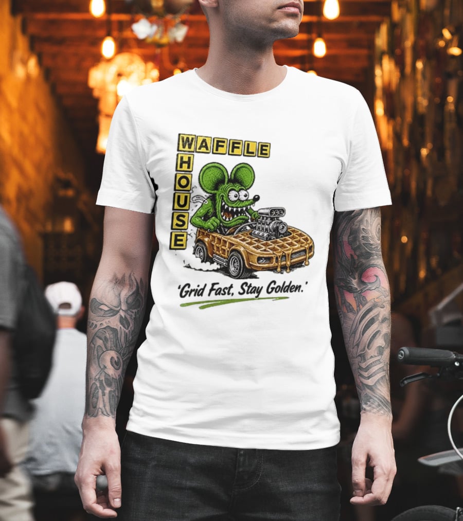 Rat Fink Waffle House Grid Fast Stay Golden Car Racer T-Shirt