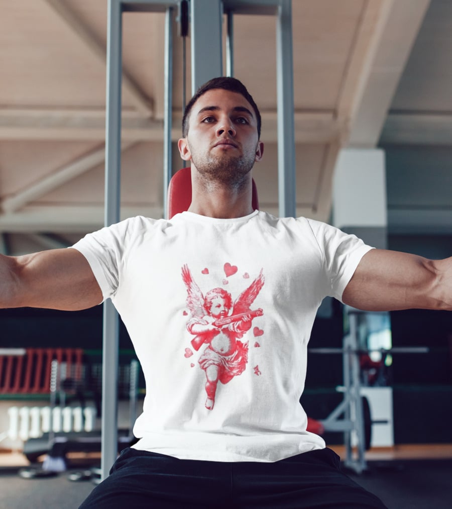 Red Pink Cherub Cupid Shotgun Hearts Clouds T-Shirt