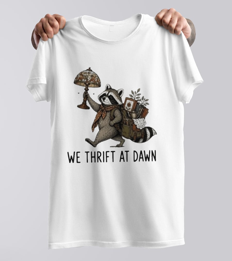 Raccoon With Backpack And Lamp We Thrift At Dawn T-Shirt