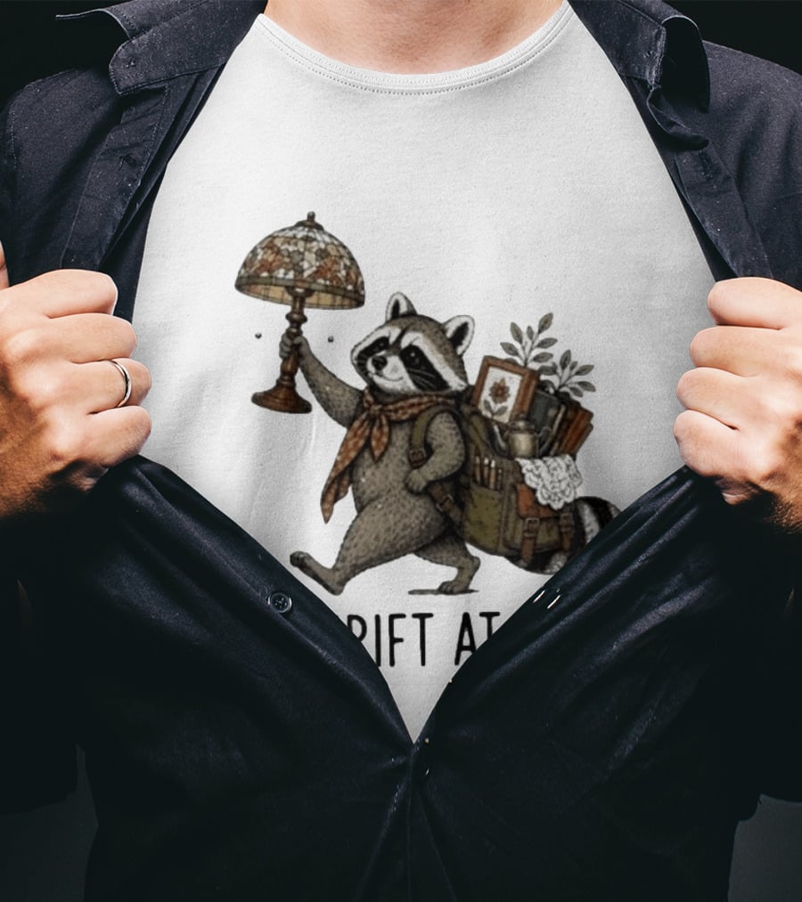 Raccoon With Backpack And Lamp We Thrift At Dawn T-Shirt