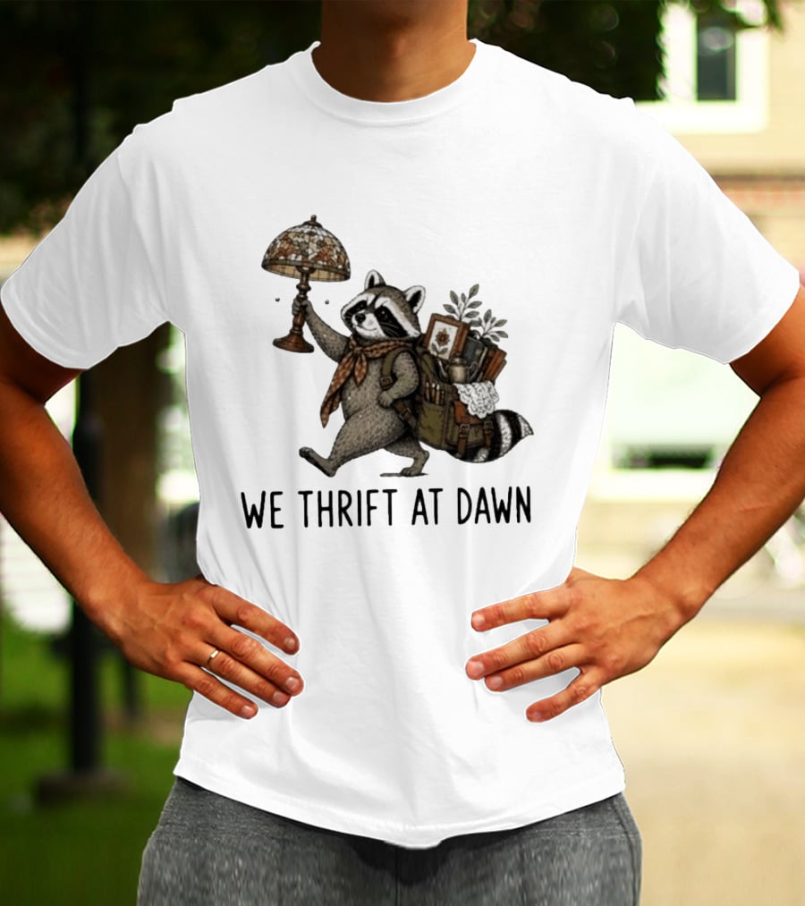 Raccoon With Backpack And Lamp We Thrift At Dawn T-Shirt