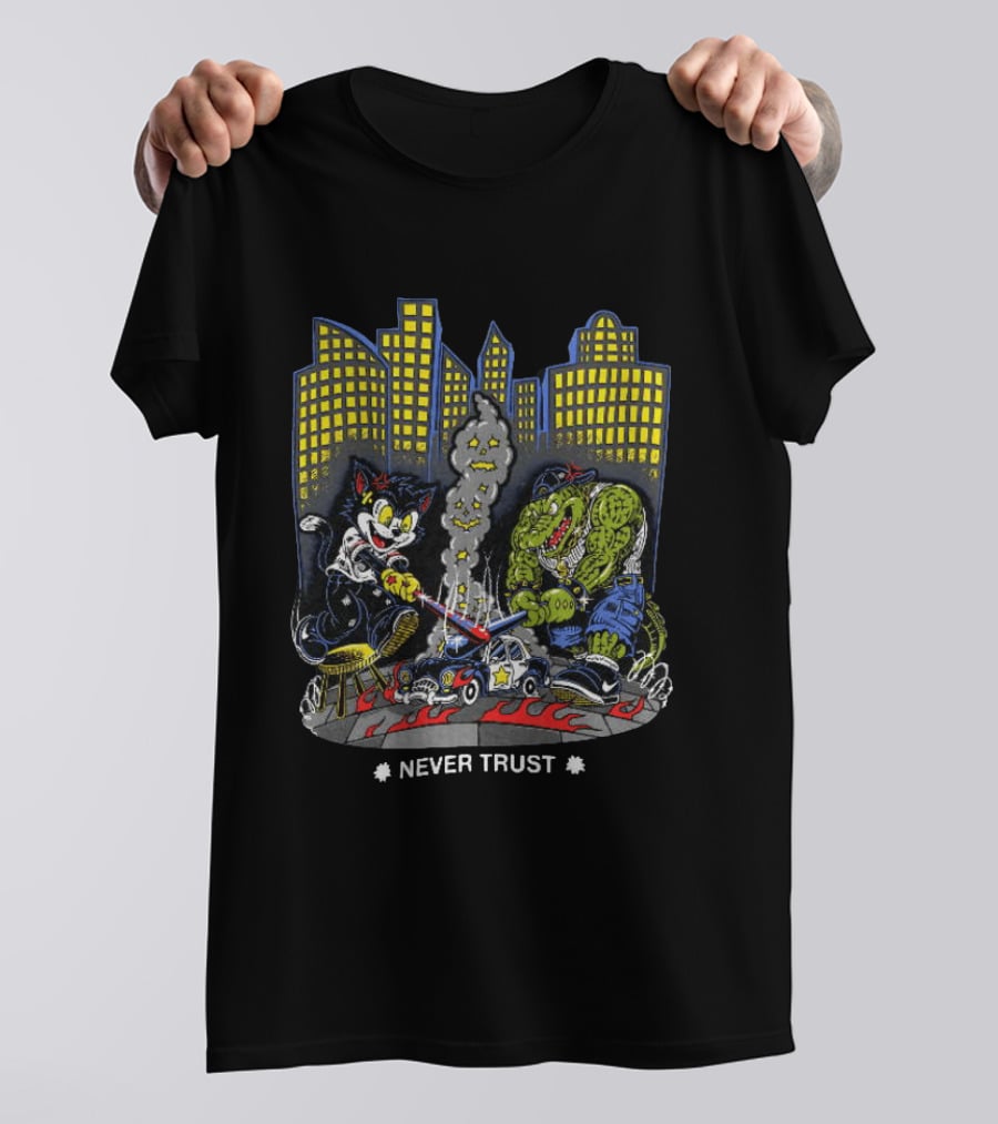 Cat And Crocodile In City Never Trust Police Car Cartoon Scene T-Shirt