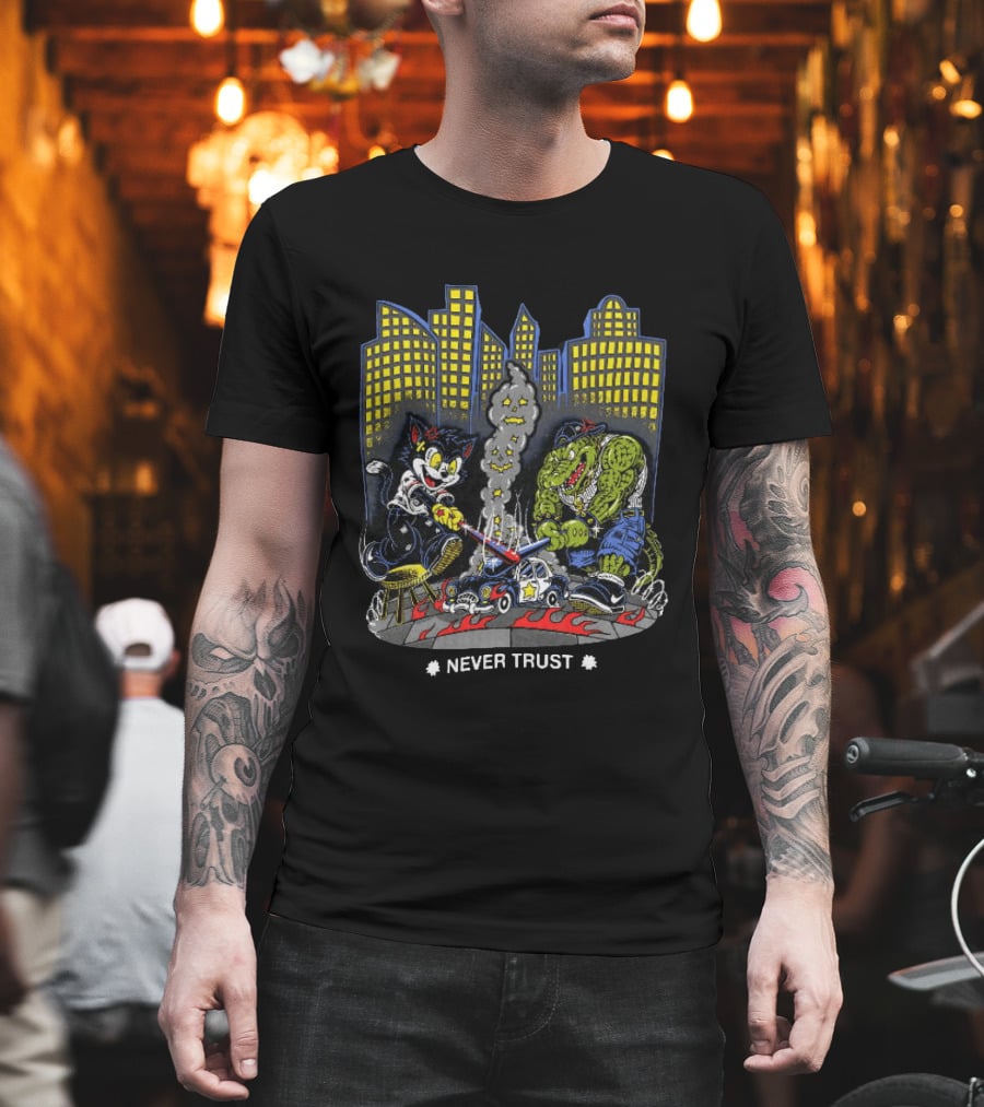 Cat And Crocodile In City Never Trust Police Car Cartoon Scene T-Shirt