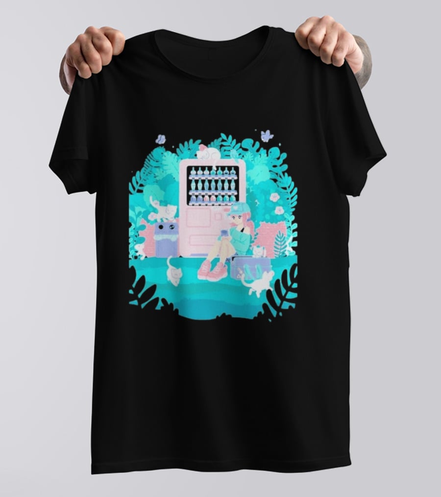 Cat Vending Machine Pastel Aesthetic With Sitting Girl And Cats T-Shirt