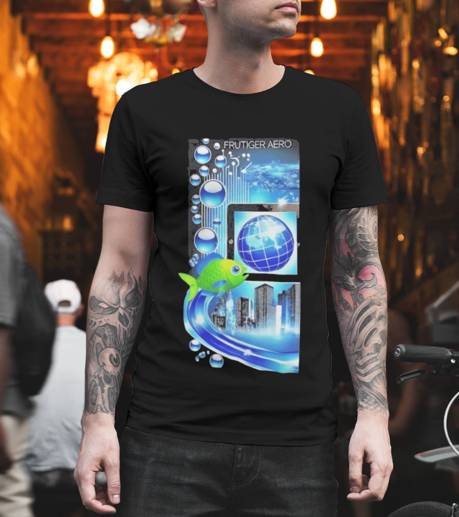 Frutiger Aero Y2K Global Tech Cityscape With Digital Fish And Blue T-Shirt