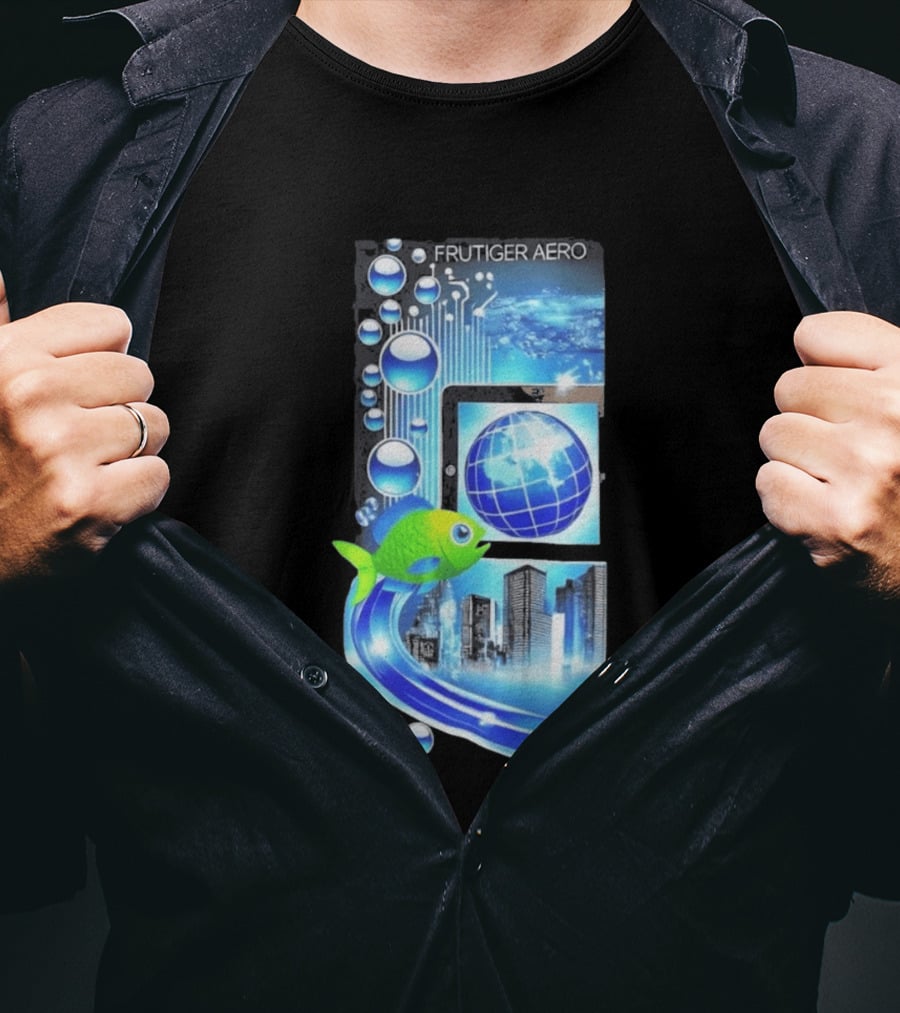 Frutiger Aero Y2K Global Tech Cityscape With Digital Fish And Blue T-Shirt
