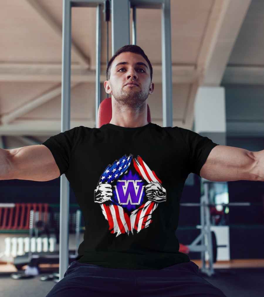 Washington Huskies W Logo American Flag Ripped Chest T-Shirt