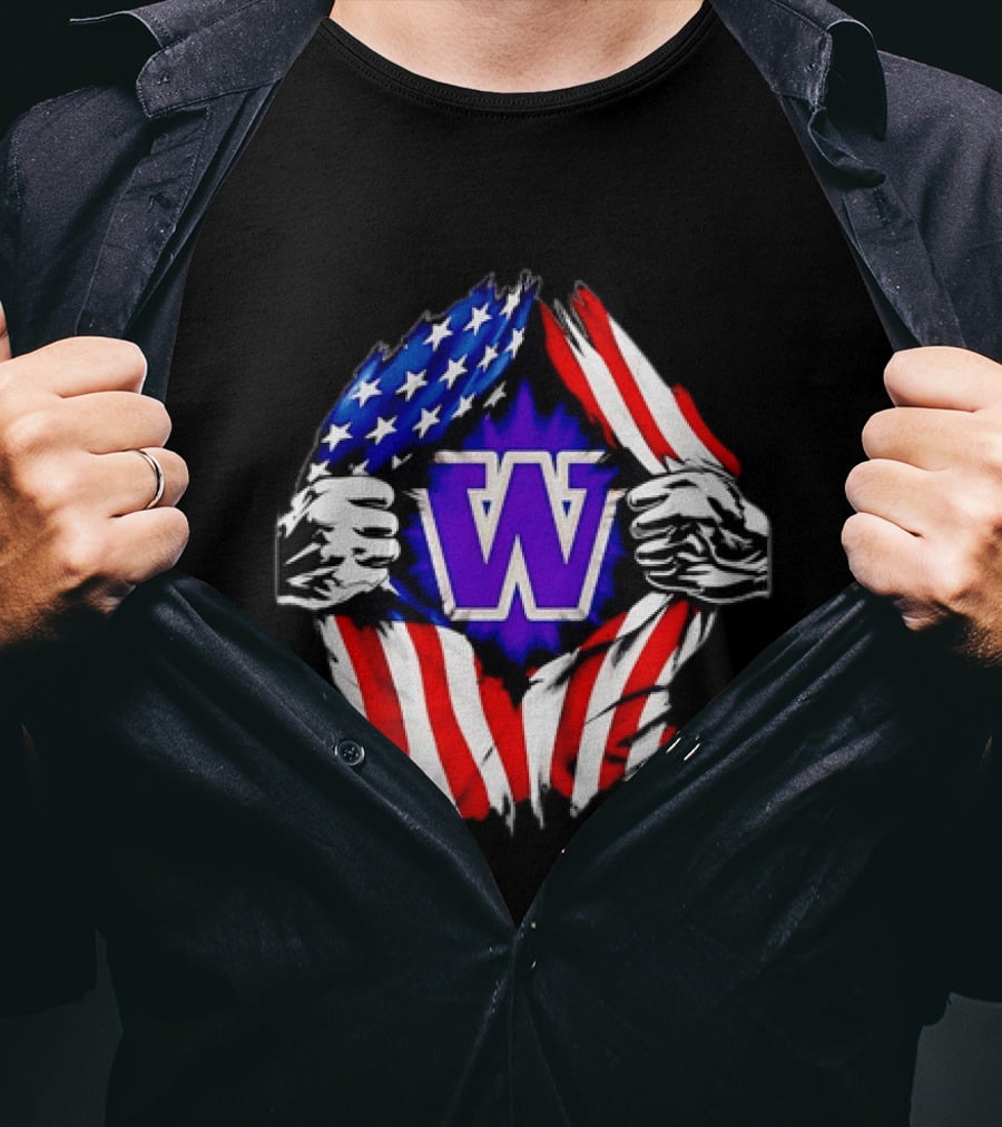 Washington Huskies W Logo American Flag Ripped Chest T-Shirt