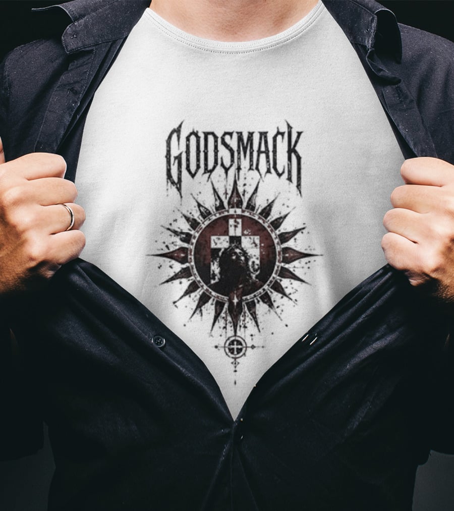Godsmack X Jesus I Stand Before God Not Perfect Just Forgiven Christian Rock Cross Sun T-Shirt