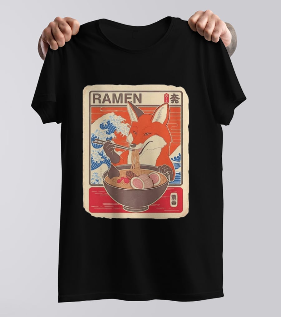 Fox Eating Ramen With Japanese Wave T-Shirt