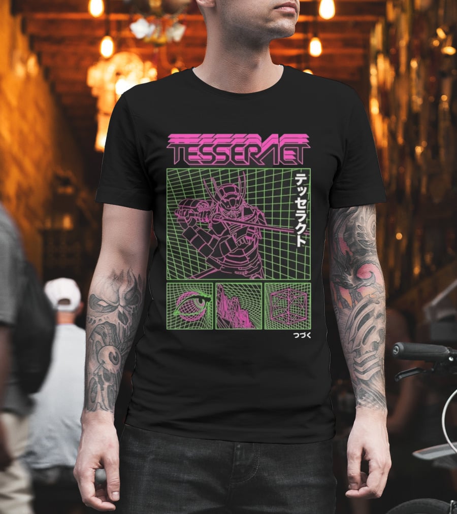 TesseracT Samurai Synthwave Cyberpunk Japanese Text Retro Neon Aesthetic T-Shirt