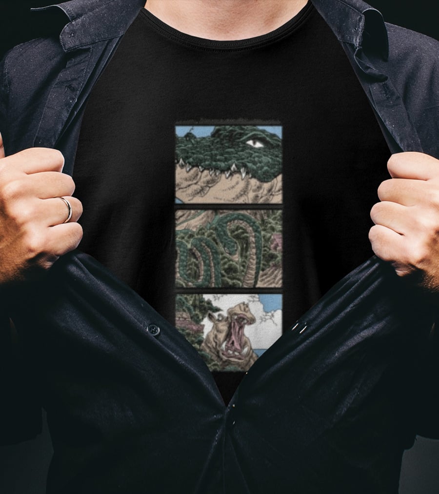 The Longest Johns Store Ends Of The Earth UK Tour Black Crocodile And Dinosaur Comic Strip T-Shirt