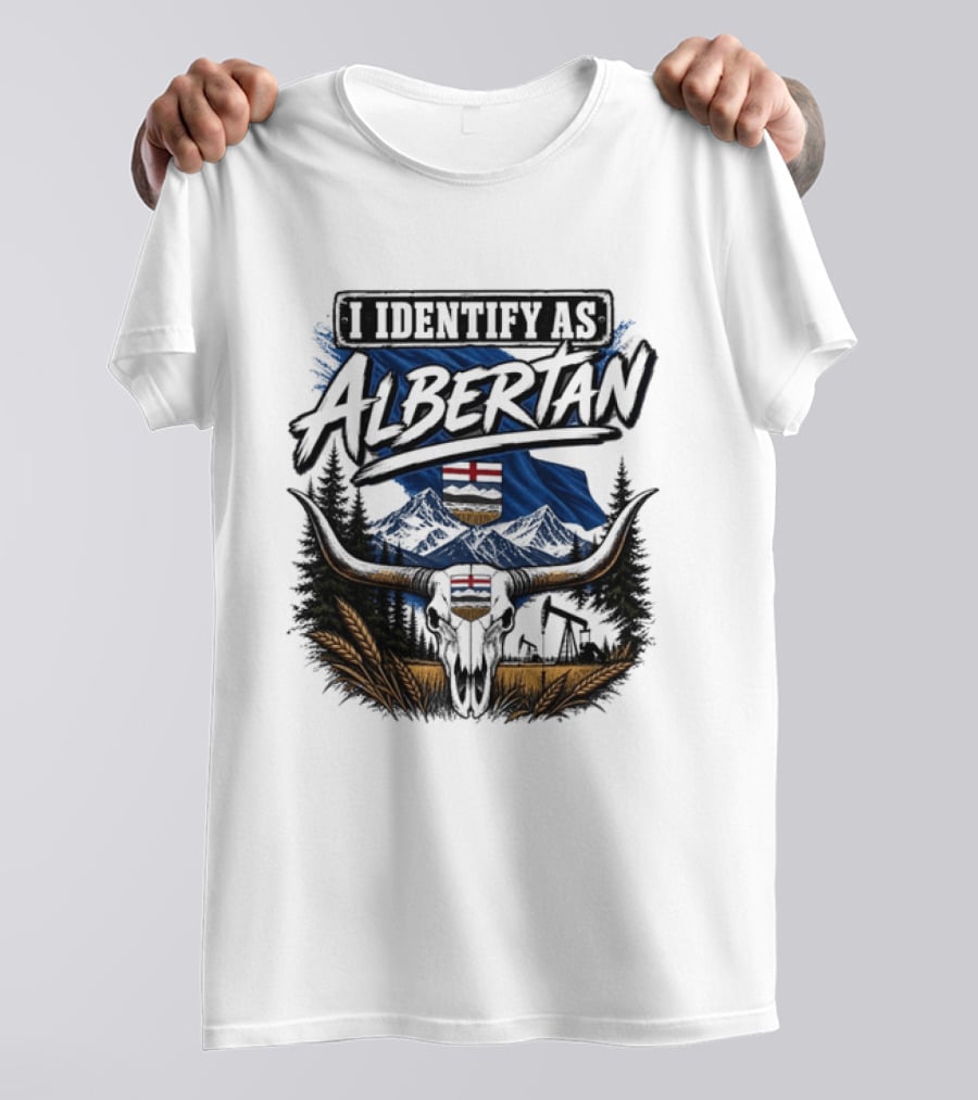 I Identify As Albertan Alberta Flag Longhorn Skull Wheat Forest Scene T-Shirt