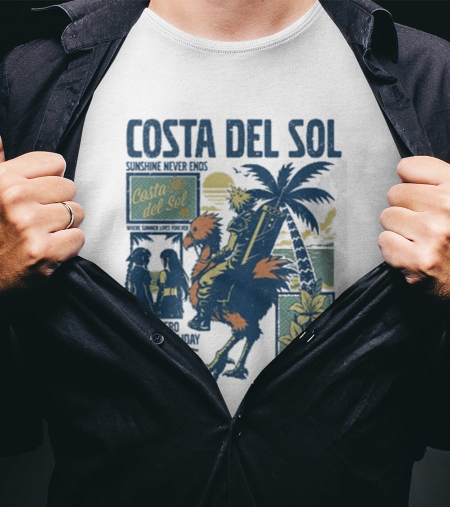 Costa Del Sol Final Fantasy Chocobo Beach Scene Palm Trees T-Shirt