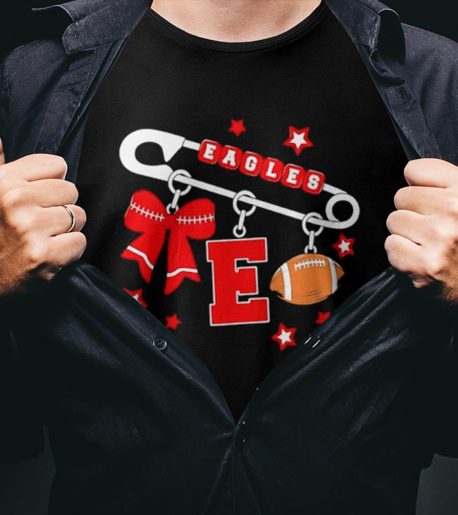 Eagles Safety Pin Charm Football Bow Letter E Stars T-Shirt