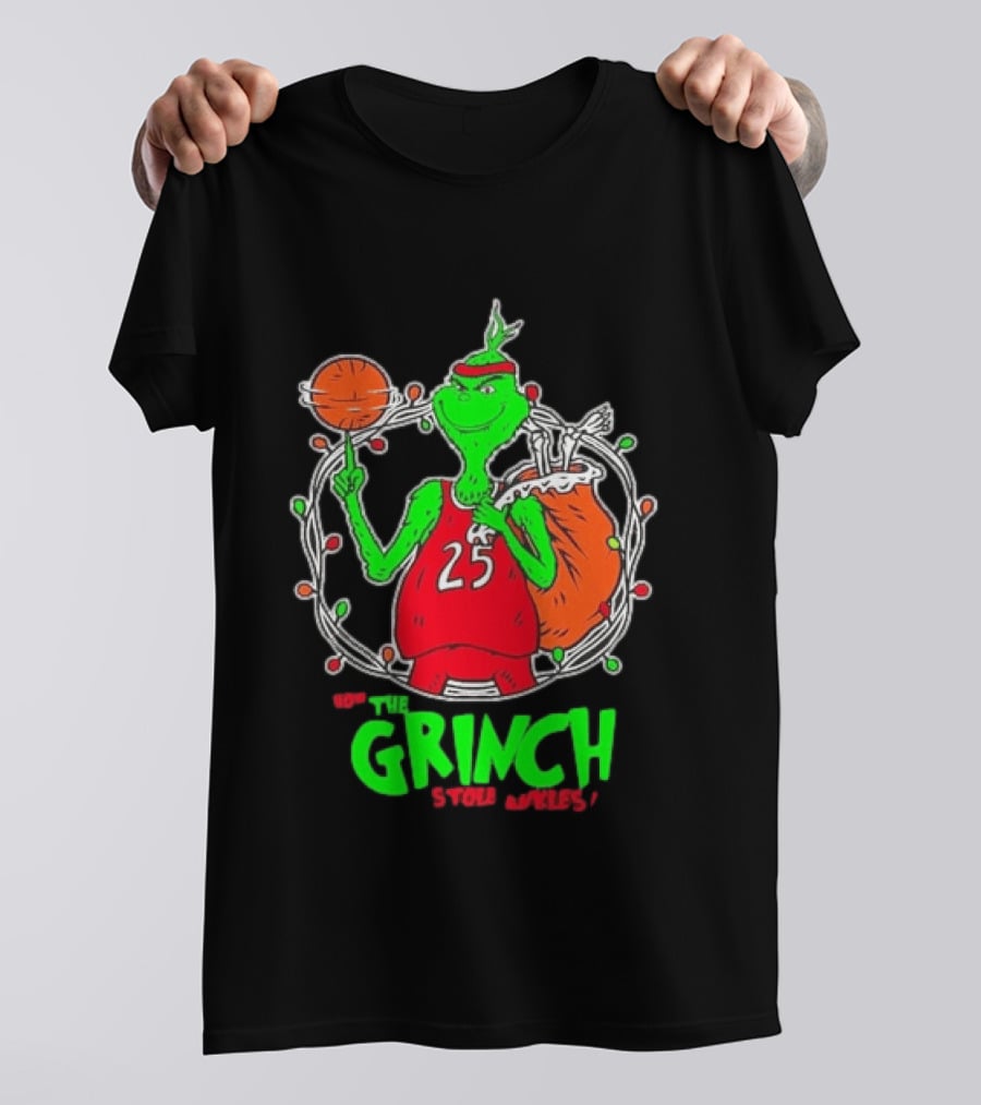 The Grinch Basketball Christmas Lights Jersey 25 Stole Ankles Green T-Shirt