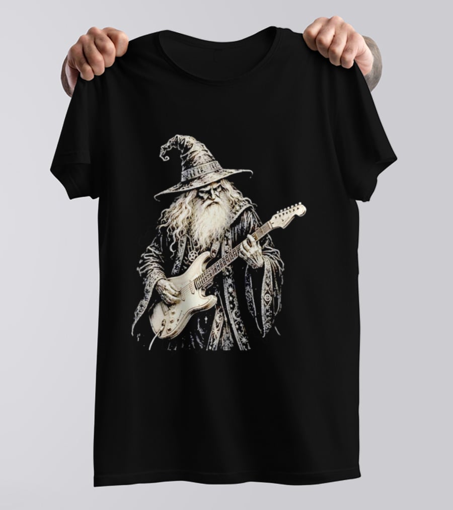 Wizard Playing Electric Guitar Fantasy Musician Magical Rock Legend T-Shirt