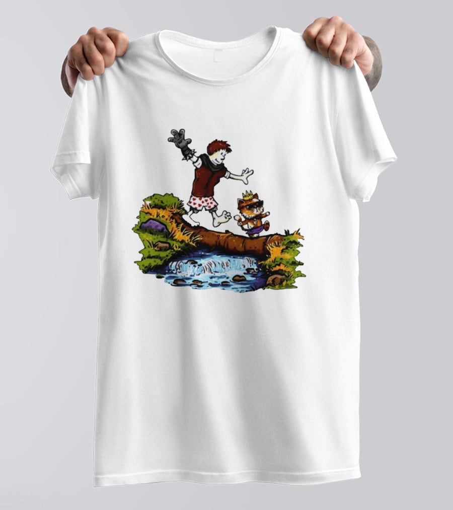 Boy And Crowned Cat Balancing On Log Over Stream T-Shirt