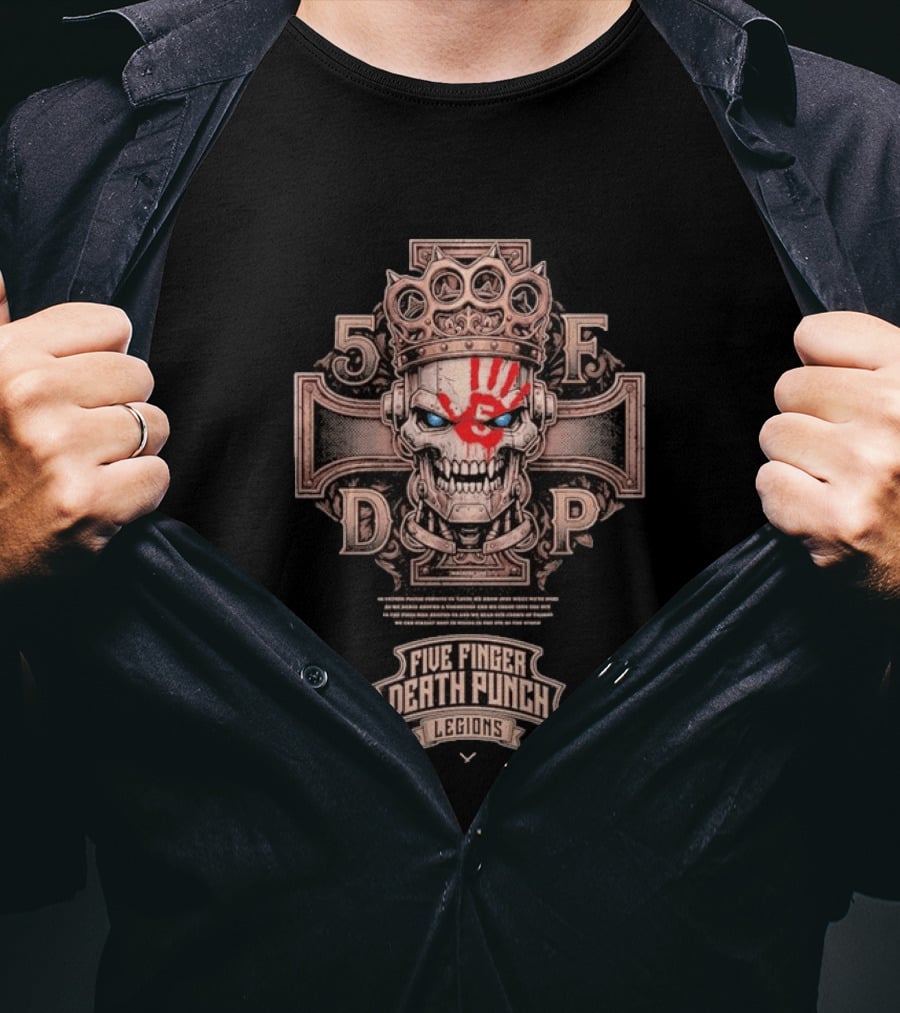 Five Finger Death Punch Legions Skull Crown Handprint Cross T-Shirt