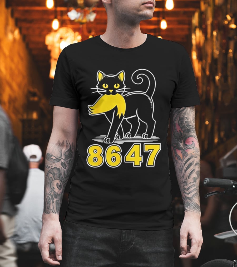 Black Cat 8647 Feline With Yellow Mustache T-Shirt