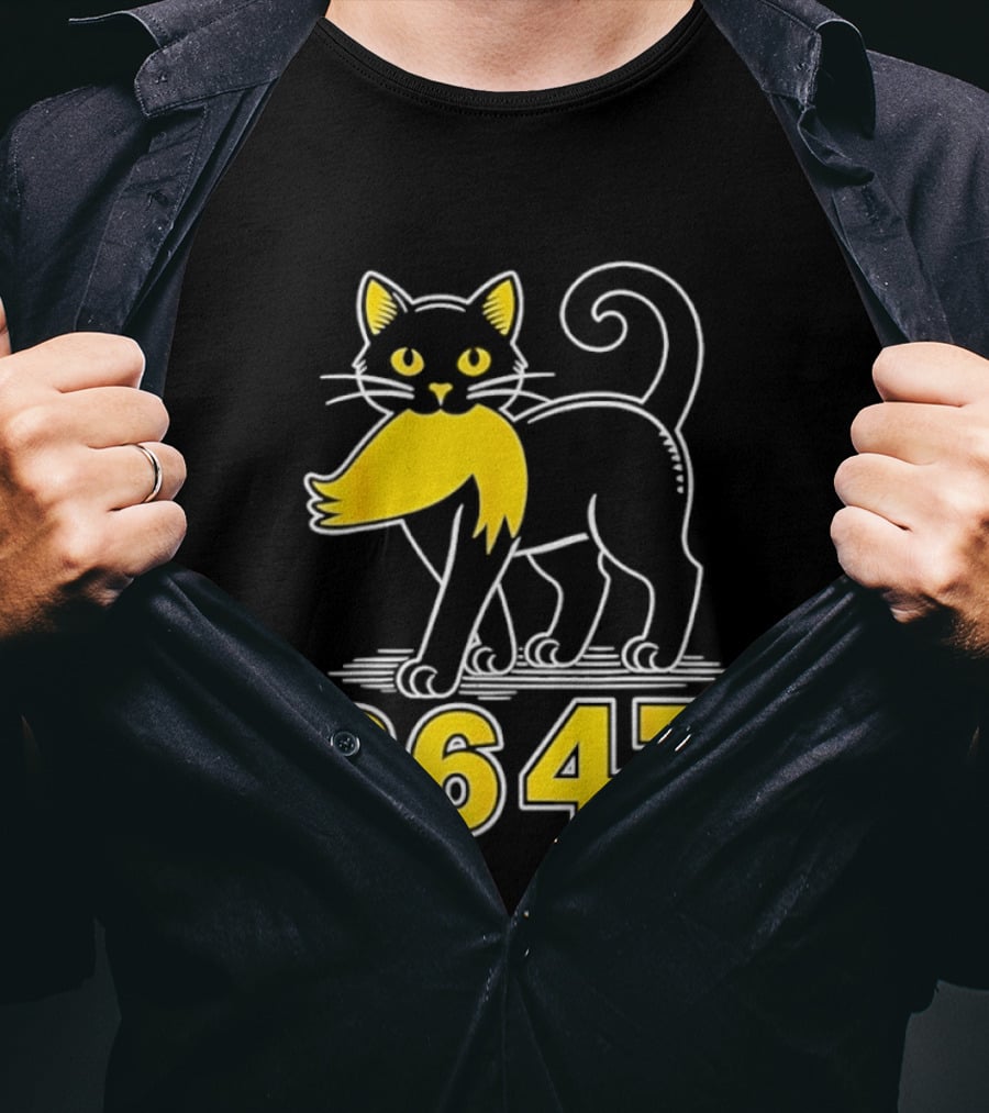 Black Cat 8647 Feline With Yellow Mustache T-Shirt