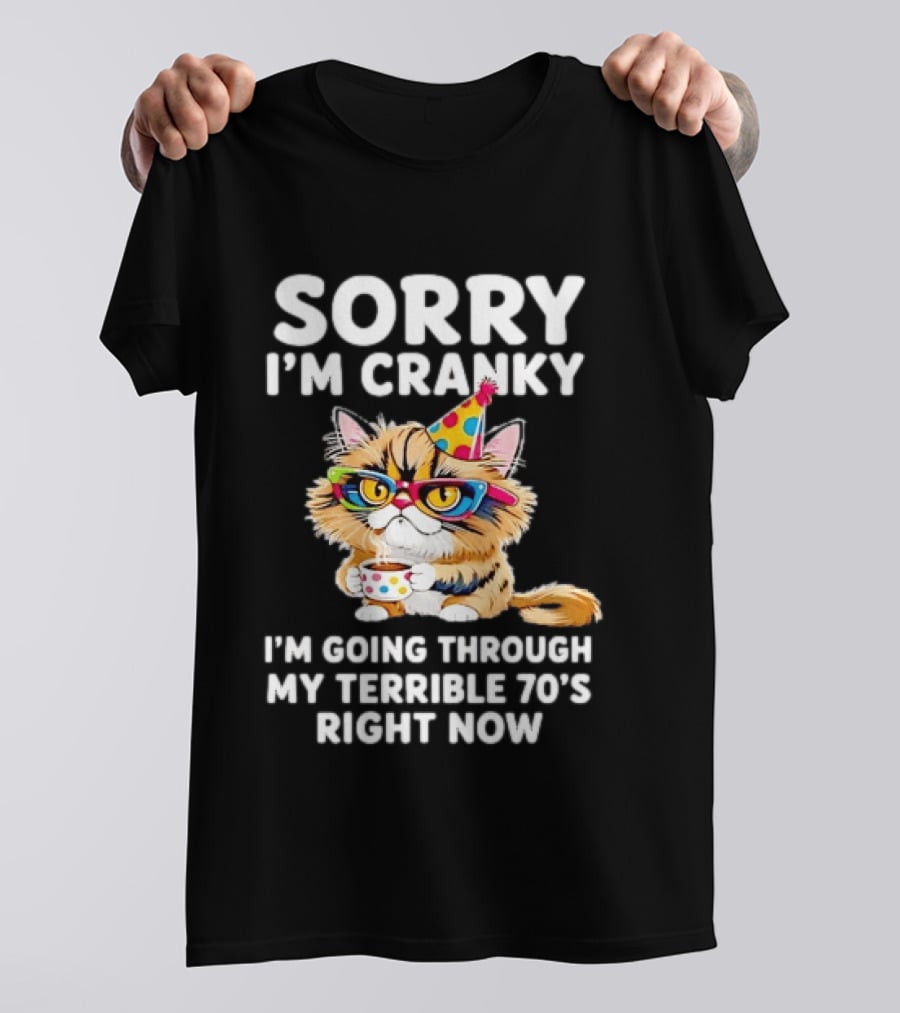 Sorry I'm Cranky Cat Going Through My Terrible 70s Right Now Coffee Party Hat T-Shirt