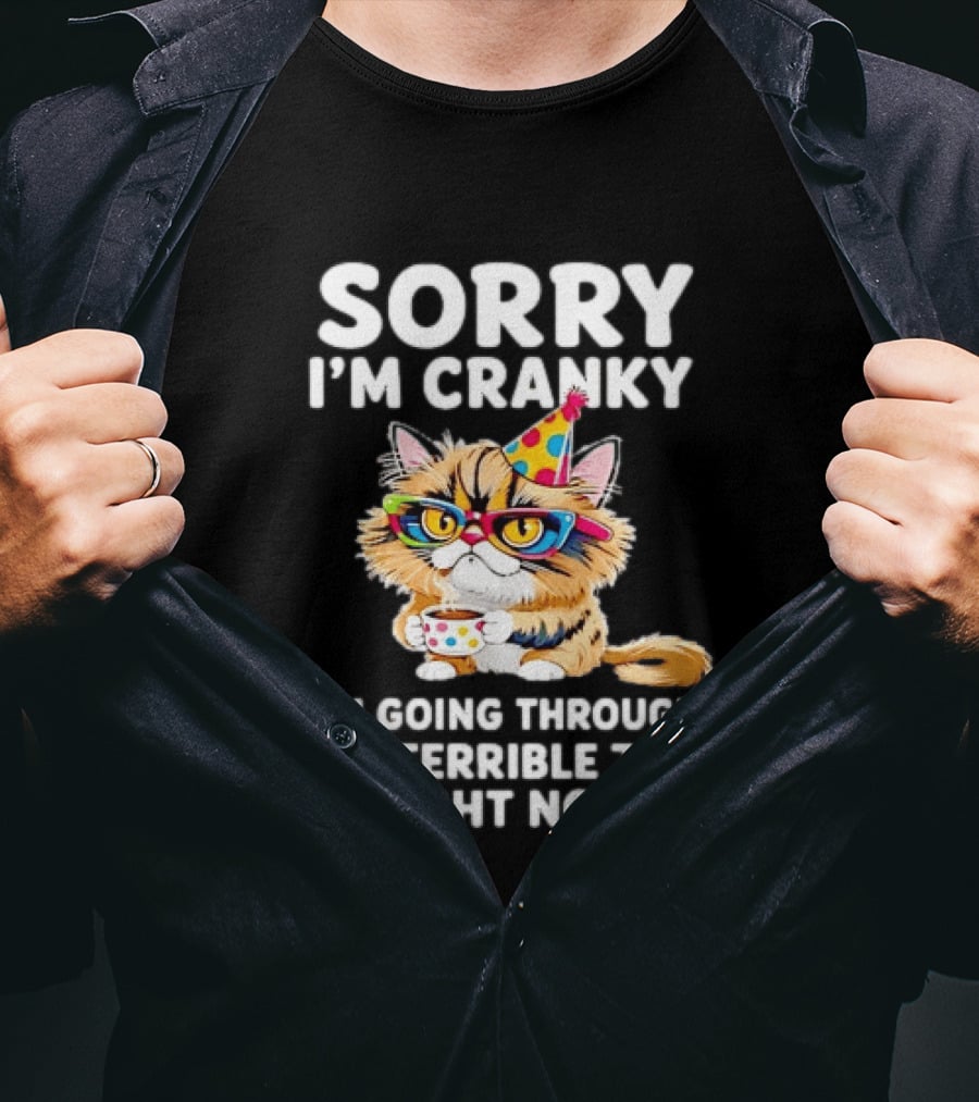 Sorry I'm Cranky Cat Going Through My Terrible 70s Right Now Coffee Party Hat T-Shirt