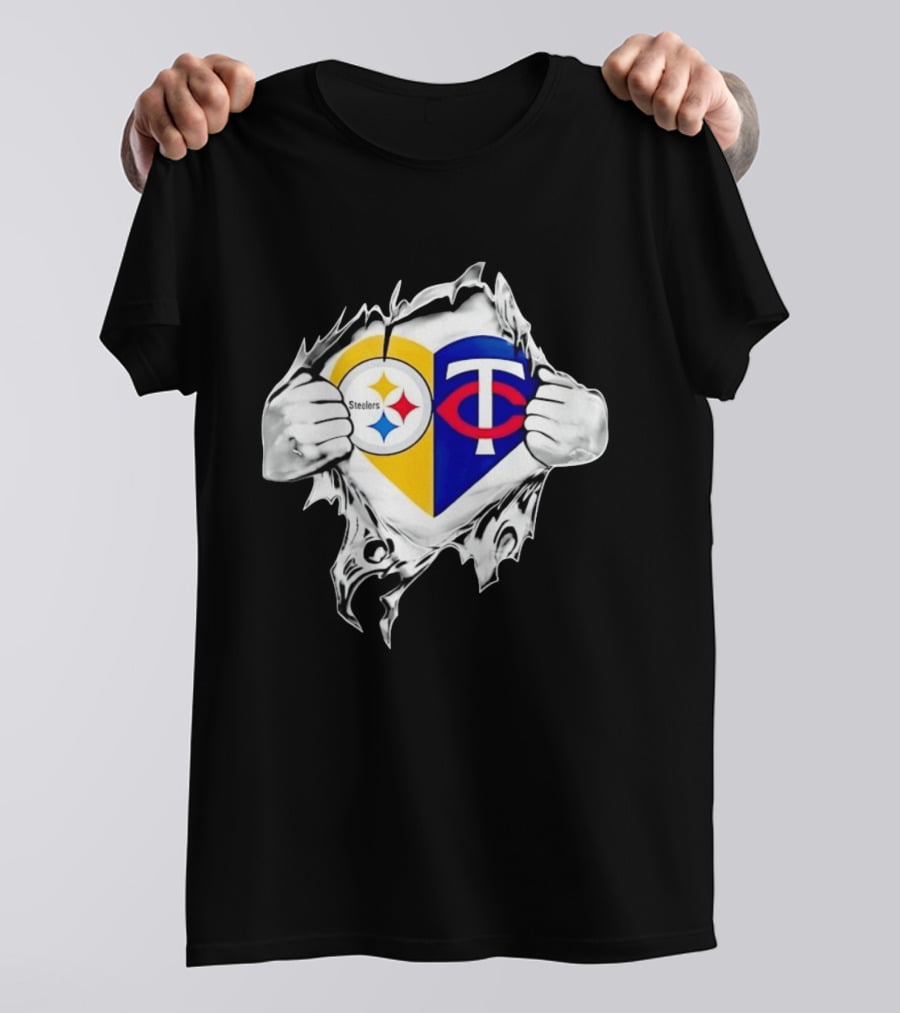 Pittsburgh Steelers Minnesota Twins Heart Superman Chest Rip T-Shirt