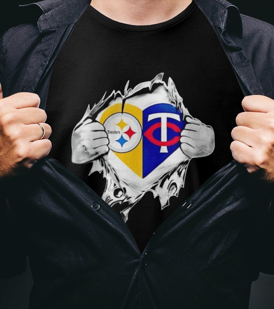 Pittsburgh Steelers Minnesota Twins Heart Superman Chest Rip T-Shirt